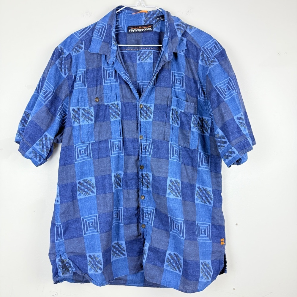 Reyn Spooner Blue Geometric Hawaiian Shirt XL | 100% Cotton Aloha Classic